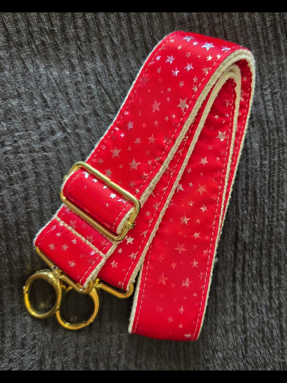 All About Straps Red w/Silver Star Shiny Print Strap Gold Hardware NWOT